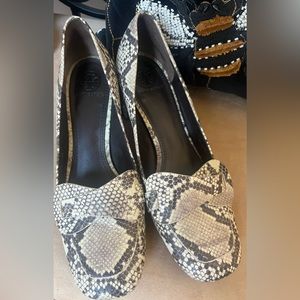Tory Burch snake skin pattern loafers in excellent condition.